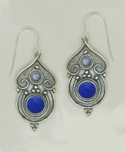 Sterling Silver Gothic Inspired Drop Dangle Earrings With Blue Onyx And Grey Moonstone
